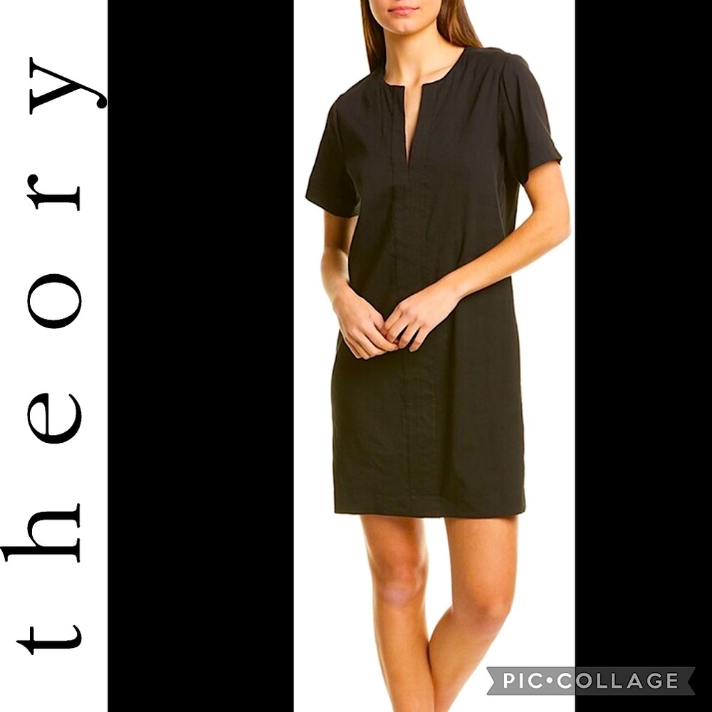 THEORY Black Linen Blend Mini Shift Dress size S NWT